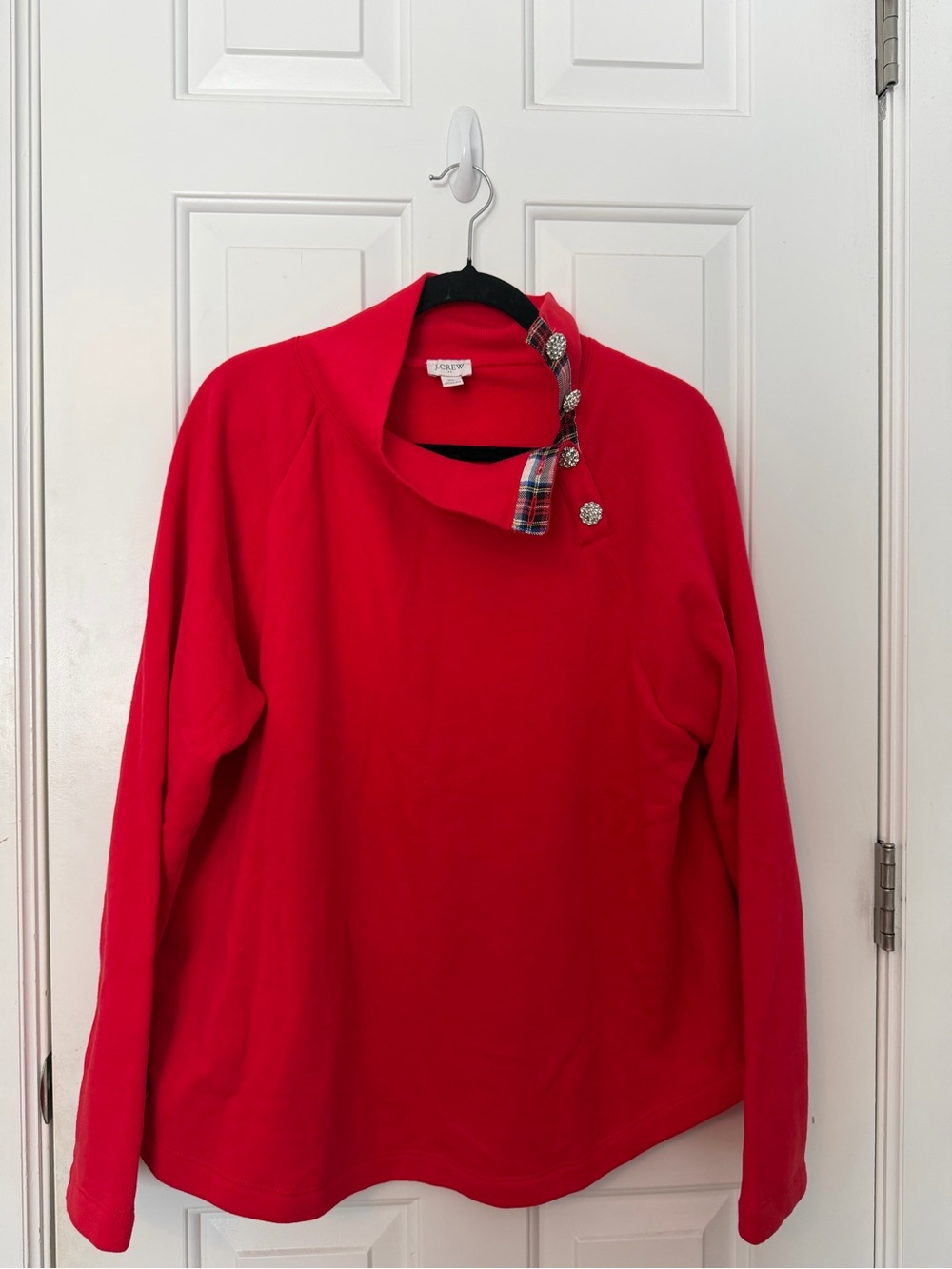 J. Crew Red Plaid-Trim Sweater with Rhinestone Buttons